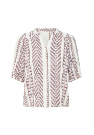 Lühikeste varrukatega valge pluus, millel on lilla ja burgundi värvi sakiline muster, V-kaelus ja mugav lõige, valmistatud tekstureeritud kangast.