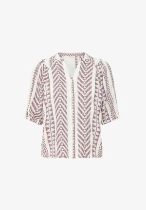 Blouse blanche à manches courtes présentant un motif zigzag violet et bordeaux avec un décolleté en V et une coupe décontractée, confectionnée dans un tissu texturé.