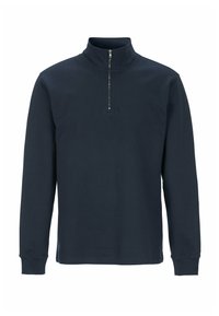 Marinblå zip-up tröja i bomullsblandning, med långa ärmar och hög krage med dragkedja i fjärdedel. Enkel och slät textur.