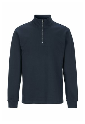 Navy Zip-Hoodie aus Baumwollmischung, mit langen Ärmeln und einem hohen Kragen sowie einem viertellangen Reißverschluss. Schlichte und glatte Textur.