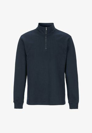 Navy Zip-Hoodie aus Baumwollmischung, mit langen Ärmeln und einem hohen Kragen sowie einem viertellangen Reißverschluss. Schlichte und glatte Textur.
