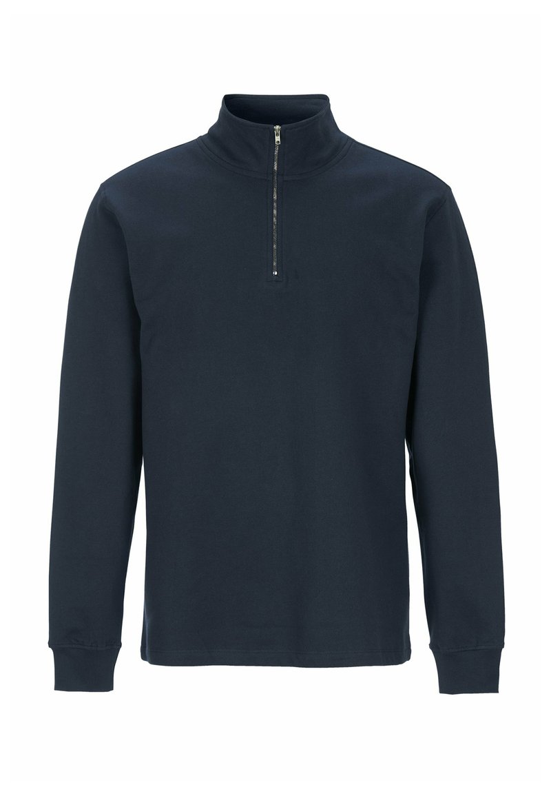 Marinblå zip-up tröja i bomullsblandning, med långa ärmar och hög krage med dragkedja i fjärdedel. Enkel och slät textur.