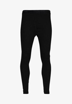 Schwarze Stretch-Leggings aus weichem Stoff, mit einer figurbetonten Passform und einem breiten Bund, auf dem der Markenname "DOVRE" in einem subtilen Muster abgebildet ist.