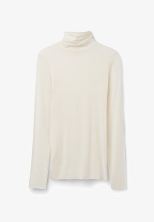 Cremfärgad turtleneck långärmad skjorta gjord av mjukt material, med en åtsittande krage och en enkel design med långa ärmar och rak nederkant.