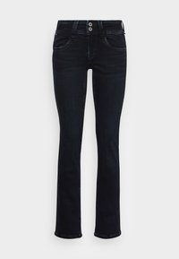 Mörkblå slim-fit jeans med medelhög midja, två framfickor, bälteshällor, silverfärgade knappstängningar och lätt blekning på låren.