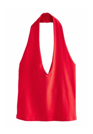 Red halter top made of smooth cotton, featuring a deep V-neckline and a back tie. The design is sleeveless with a simple cut.