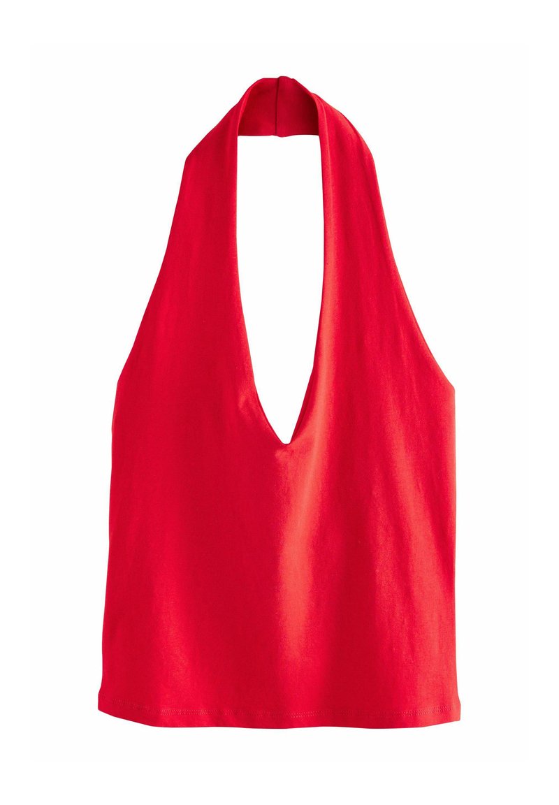 Punane halter-top, mis on valmistatud siledast puuvillast, sügava V-kaelusega ja seljaga seotud disainiga. Tegu on ilma varrukateta ja lihtsa lõikega.