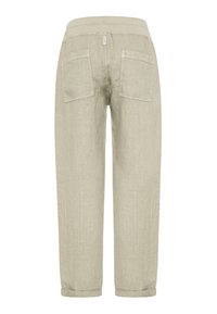 Vaalean khakinväriset pellavahousut, joissa on rento istuvuus, kaksi takataskua ja käännetyt lahkeet, tekstiilipintainen viimeistely.