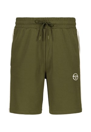 Olive green shorts with elastic waistband and drawstring. Features white side stripes and an embroidered logo on the lower leg.