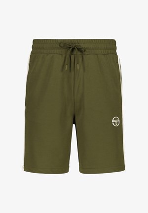 Olivgrüne Shorts mit elastischem Taillenbund und Kordelzug. Mit weißen Seitenstreifen und einem gestickten Logo am unteren Bein.