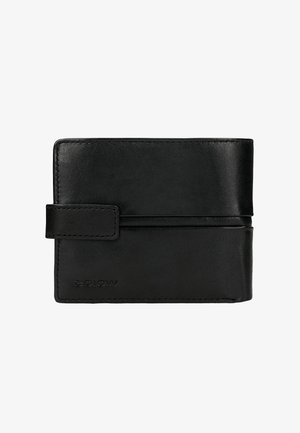 Czarny skórzany portfel o gładkiej fakturze, z zapięciem na zatrzask, zaokrąglonymi rogami i wytłoczonym logo z przodu.