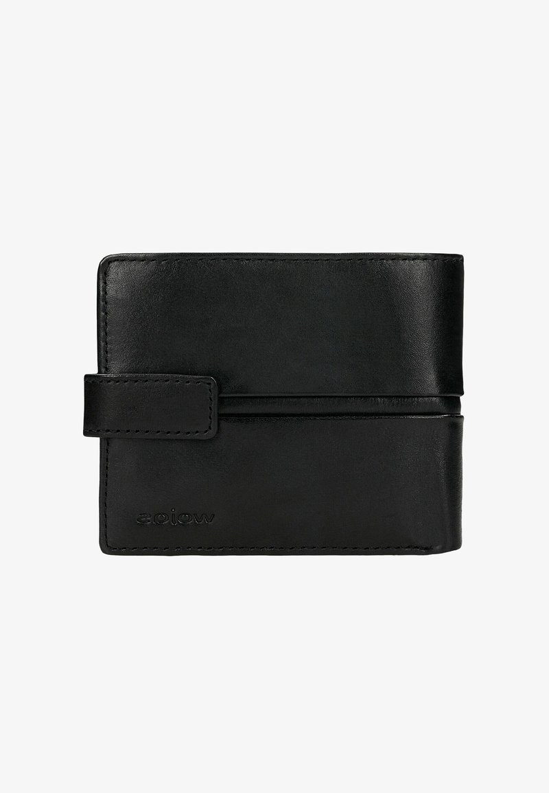 Zwarte leren portemonnee met een soepele textuur, voorzien van een klipsluiting, ronde hoeken en een reliëflogo op de voorkant.