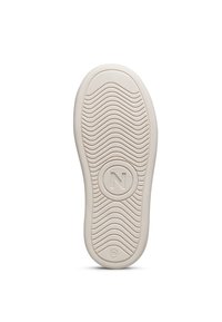 Sohle eines Sneakers aus cremigem Gummi mit einem strukturierten, wellenförmigen Muster und kreisförmigem Design, das ein 'N'-Logo zeigt. Größe 26 angegeben.