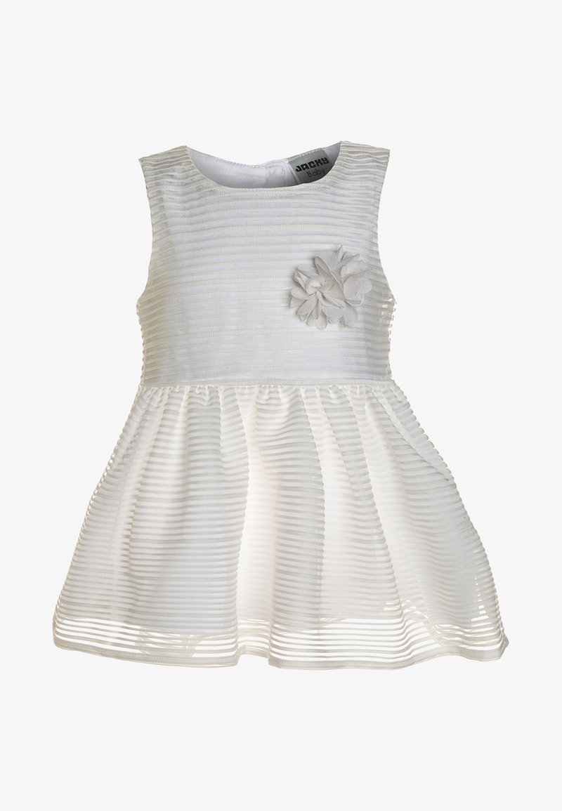Biele šaty s horizontálnymi pruhmi, bez rukávov a s nariasenou sukňou. Ozdobené látkovou kvetinou na prednej strane.