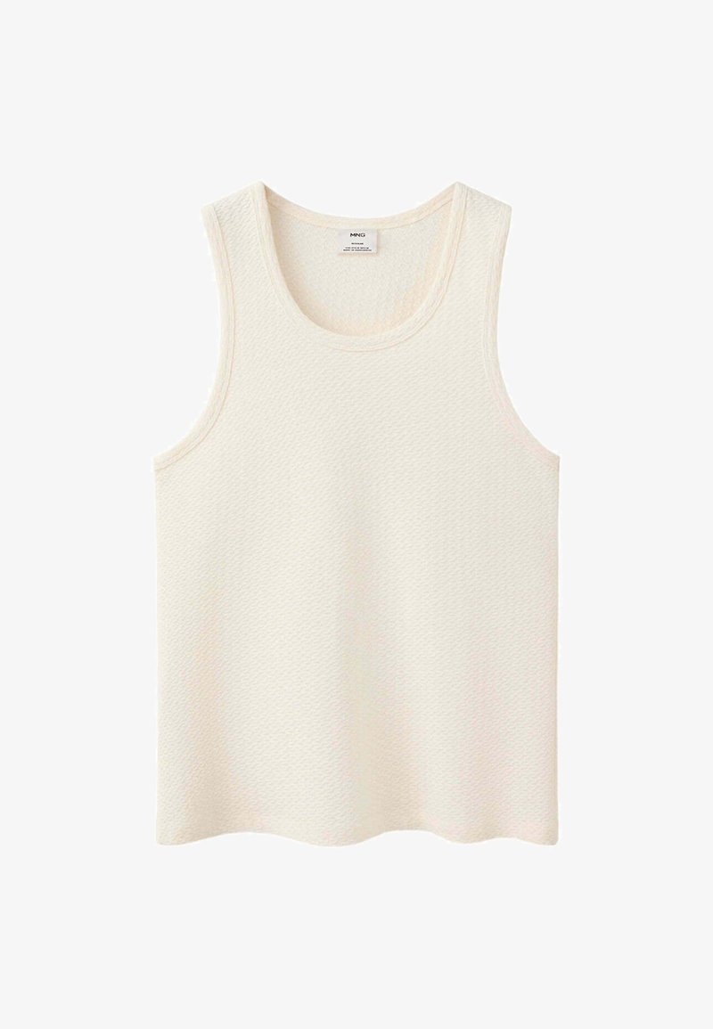 Débardeur sans manches texturé, de couleur blanc cassé, à encolure ronde, présenté à plat sur fond blanc. Sans motifs ni décorations.