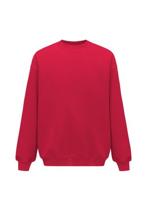 Czerwony sweatshirt z okrągłym dekoltem, wykonany z materiału bawełnianego, z długimi rękawami, ribbowymi mankietami i luźnym krojem. Gładka tekstura, minimalistyczny design.