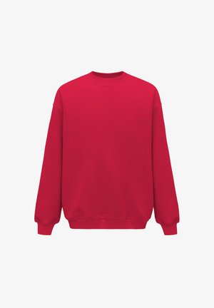 Czerwony sweatshirt z okrągłym dekoltem, wykonany z materiału bawełnianego, z długimi rękawami, ribbowymi mankietami i luźnym krojem. Gładka tekstura, minimalistyczny design.