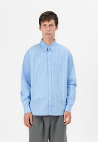 Camicia button-up azzurro chiaro con righe verticali bianche, dotata di colletto a punta e maniche lunghe, abbinata a pantaloni grigi.