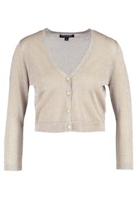Beige, cropped cardigan with a V-neck, long sleeves, and five front buttons. Made from a shimmering, textured knit fabric.