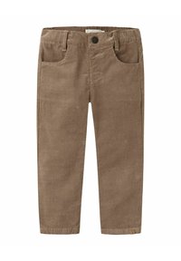 Pantaloni in corduroy marrone chiaro per bambini, con vita elastica, tasche anteriori, bottone e passanti per la cintura.