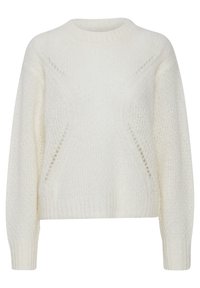 Chunky white sweater with a round neck, textured knit, and openwork pattern on the sides. Ribbed cuffs and hem finish the design.