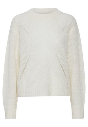 Pull blanc épais avec un col rond, tricot texturé et motif ajouré sur les côtés. Poignets et ourlet côtelés complètent le design.