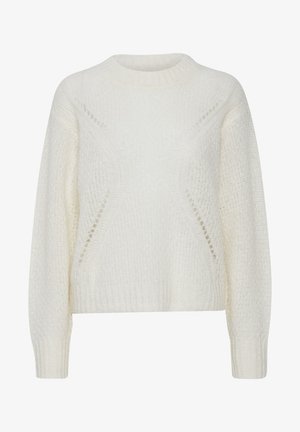 Paks valge sviiter ümmarguse kaeluse, tekstuurse kudumise ja avatud silmuste mustriga külgedel. Ribikantidega varrukad ja hem lõpetavad disaini.