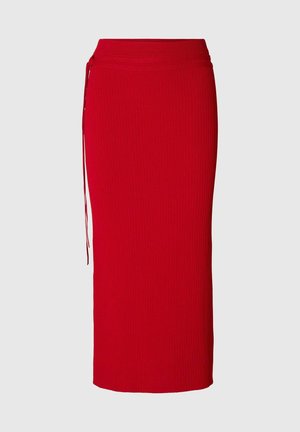 Rotes, geripptes Midirock mit taillierter Form, Kordelzugbund und subtiler Textur. Verfügt über einen geraden Saum und ein glattes Innenfutter.