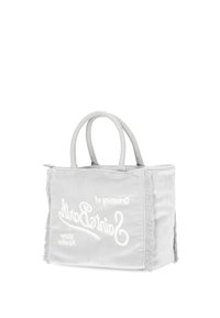 Sac fourre-tout en tissu gris avec deux poignées, présentant des bords effilochés et un texte blanc brodé indiquant "Santa Barbara" et "parades aquatiques."