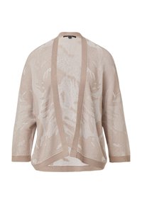 Lekki, beżowy sweter z dzianiny o luźnym kroju, z dekoltem w kształcie litery V, subtelnym wzorem kwiatowym i szerokimi rękawami. Teksturowany i oddychający materiał.