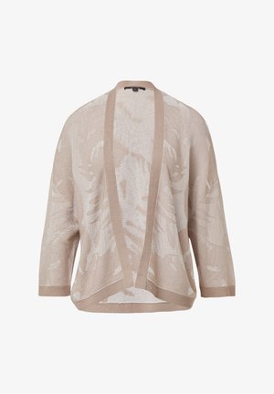 Cardigan beige léger en tricot à coupe ample, avec un décolleté en V, un motif floral subtil et des manches larges. Tissu texturé et respirant.