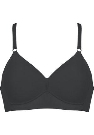 Black wireless bra with smooth fabric, triangular cups, adjustable straps, and minimal detailing. Features a soft underband for comfort.