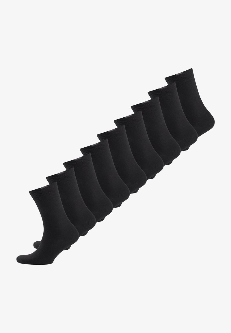 Schwarze Baumwoll-Stringsocken im Zehnerpack, mit glatter Textur, elastischen Bündchen und einem einheitlichen Design ohne Muster oder Logos.