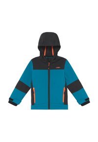 Giacca per bambini in turchese e nero con cappuccio, con accenti arancioni, tasche con zip e polsini elasticizzati per una vestibilità sicura.