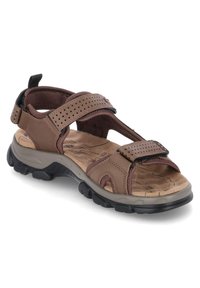 Sandal in cuoio con cinturini regolabili, interni imbottiti e suola testurizzata. Presenta accenti perforati e una soletta imbottita per il massimo comfort.