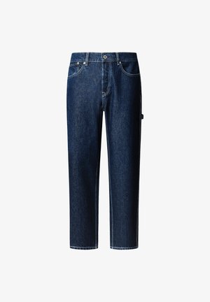 Donkerblauwe spijkerbroek met een rechte pasvorm, middelhoge taille, vijf zakken en witte stiksels. Beschikt over een zijzak en een drukknoop.