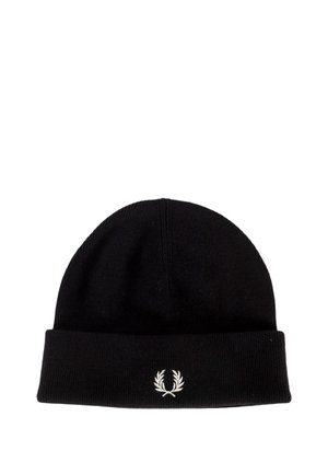 Gorro negro de punto con el borde vuelto y un pequeño logotipo blanco de laurel, sobre un fondo blanco.