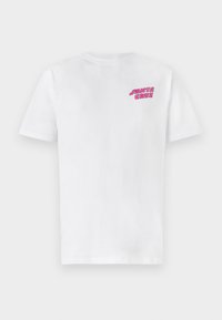 White cotton t-shirt with short sleeves, featuring a pink "SANTA CRUZ" logo on the left chest area. Classic crew neck design.