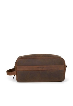 Brown leather toiletry bag with a rectangular shape, top zipper closure, side handle, and a subtle embossed logo on the front.