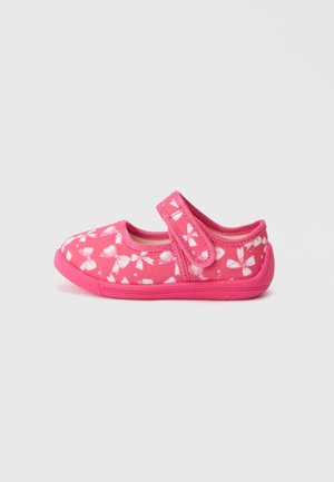 Pink fabric shoe featuring a floral pattern, Velcro strap, rounded toe, and textured sole for grip. Soft material and lightweight design.