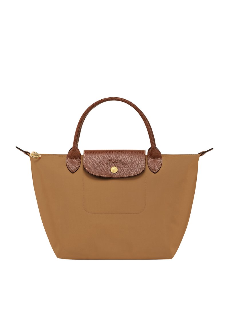 Brown nylon tote bag with a textured leather flap, two rounded handles, and a gold-tone zipper detail. Features a front pocket.