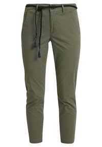 Pantalon en coton vert olive à jambes fuselées, doté d'un cordon de serrage noir tressé avec pompons, et de deux poches latérales.
