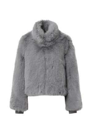 Graue Kunstfell-Cropjacke mit hohem, weichem Kragen, langen Ärmeln und gerippten Bündchen. Sie hat eine strukturierte, plüschige Oberfläche.