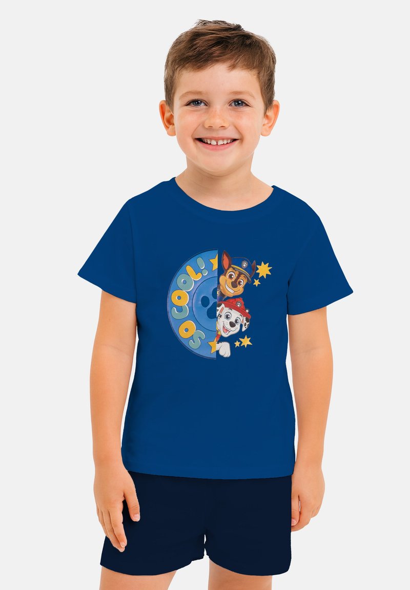 T-shirt in cotone blu con cani dei cartoni animati e testo "So Cool!" in colori vivaci, con maniche corte e scollo rotondo.