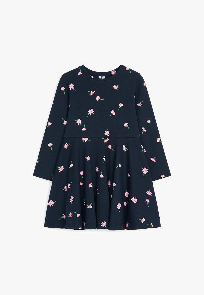Robe fille manches longues bleu foncé avec petits motifs floraux roses et jupe évasée.