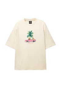 Beige oversized T-shirt gemaakt van katoen, met een kleurrijke afbeelding van een roze cabriolet, palmbomen en het woord "Miami."