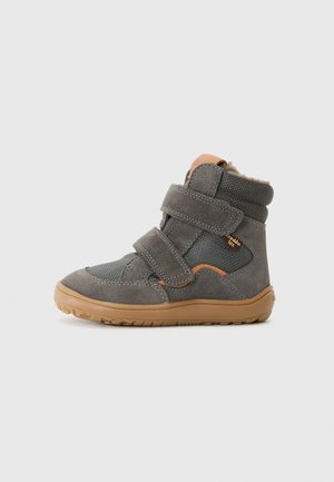 Gray suede and mesh ankle boot with two adjustable Velcro straps, orange accents, and a rubber sole for traction.