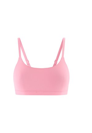 Bralette rose avec bretelles réglables, design sans couture, tissu doux et coupe ajustée. Présente un style simple, sans embellissements ni motifs.