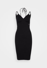 Svart ribbad stickad klänning med en figurnära silhuett, spaghettistropper, V-halsringning och en knytning bak. Har en liten logotyp på sidan.