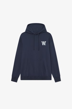 Navy blue hooded sweatshirt with front kangaroo pocket and white "W" logo on left chest, featuring drawstring hood and ribbed cuffs.